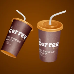 Free Floating coffee Paper Cup with Straw Mockup