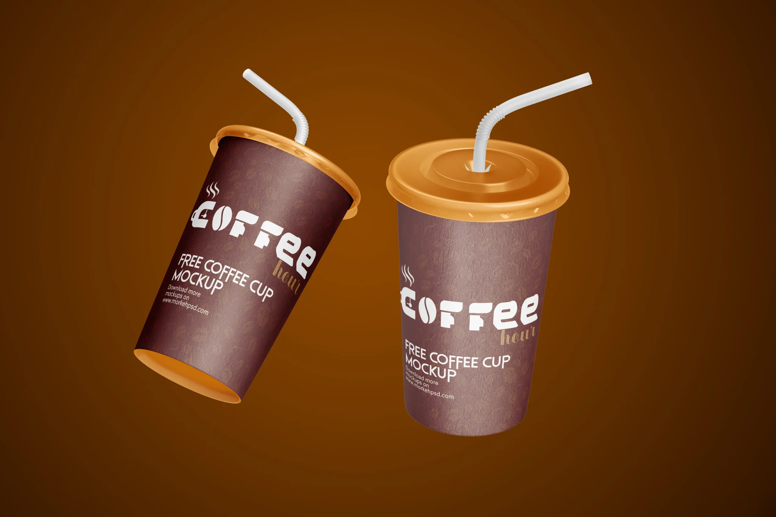 Free Floating coffee Paper Cup with Straw Mockup